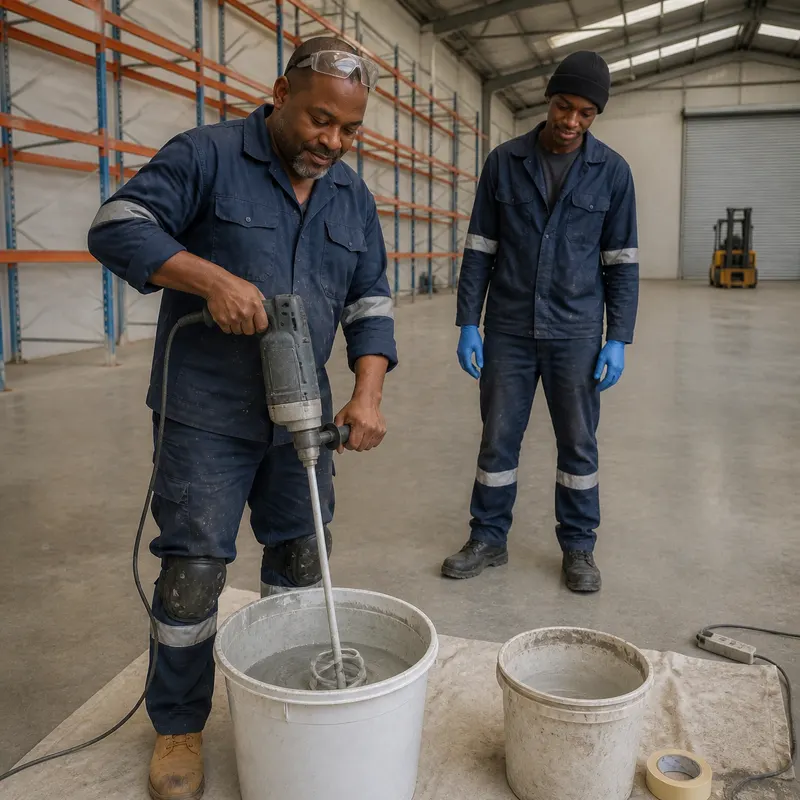 Close-up of two-part grey epoxy being mixed with a paddle mixer in a warehouse