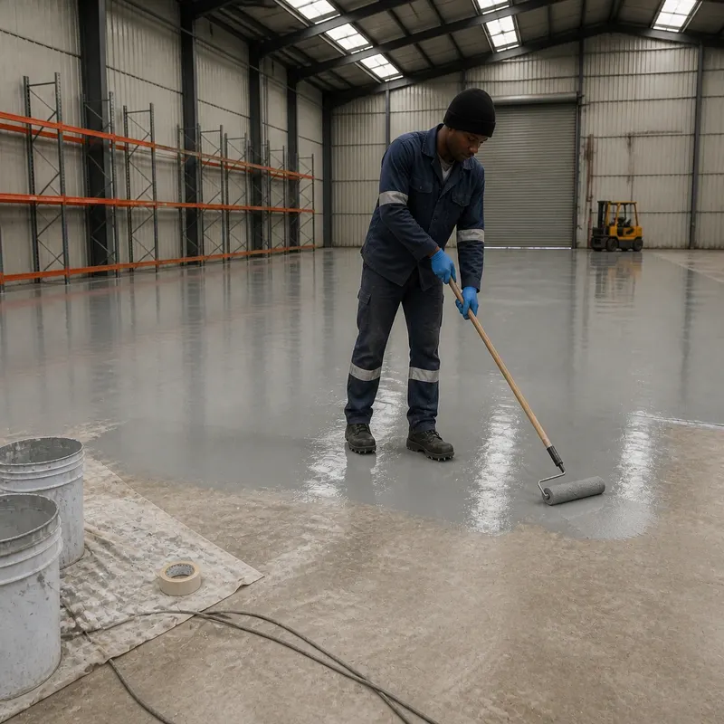 Installer rolling light-grey epoxy across a warehouse floor with a long-handled roller