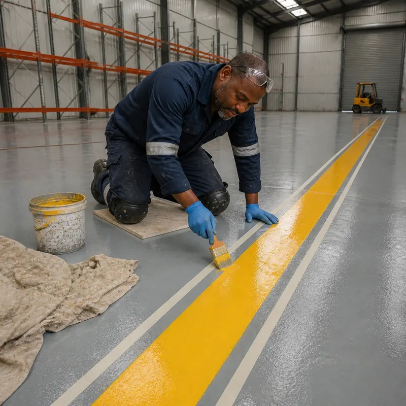 Installer painting a yellow safety walkway line on a new grey epoxy warehouse floor