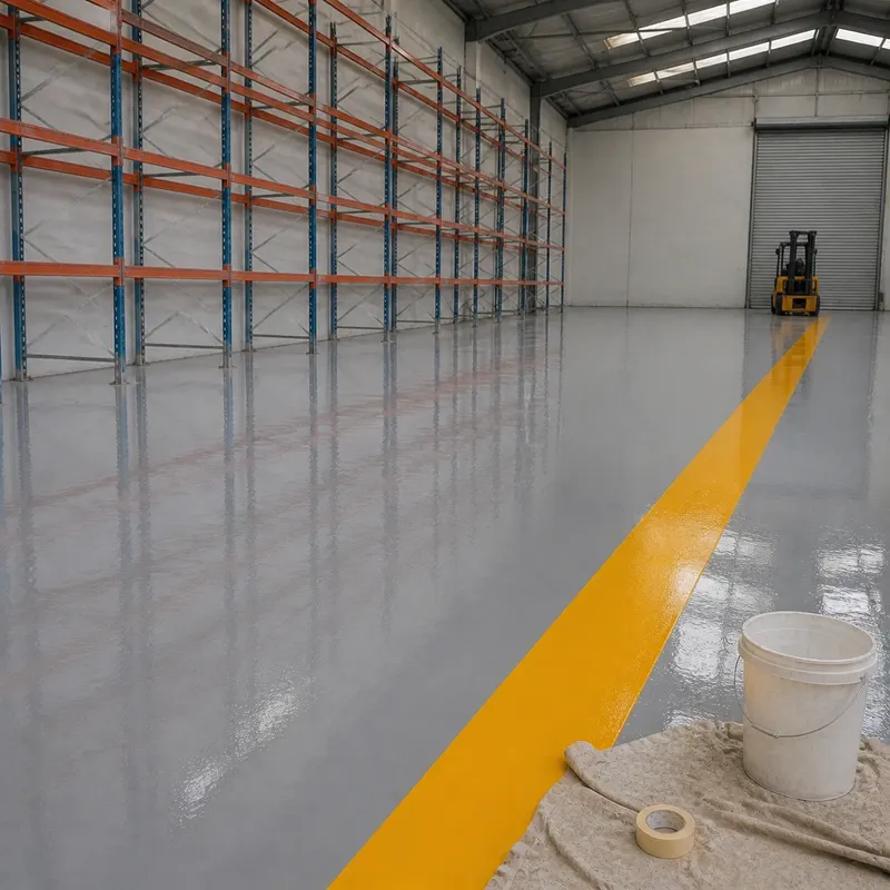 Finished light-grey epoxy warehouse floor with a yellow walkway and pallet racking