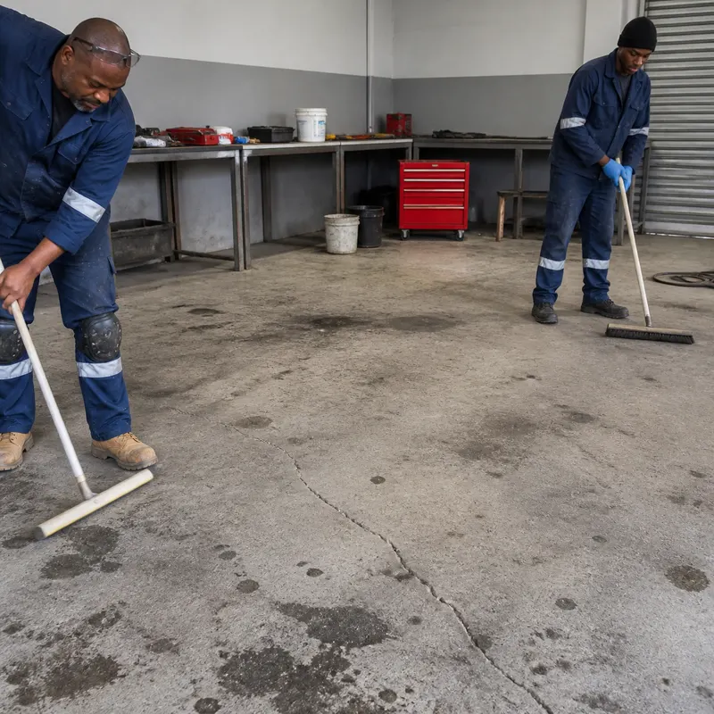 Two installers sweeping a worn, oil-stained and cracked concrete workshop floor before coating