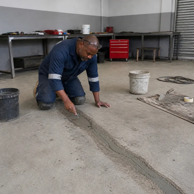 Installer kneeling to fill a crack in a workshop concrete floor before coating