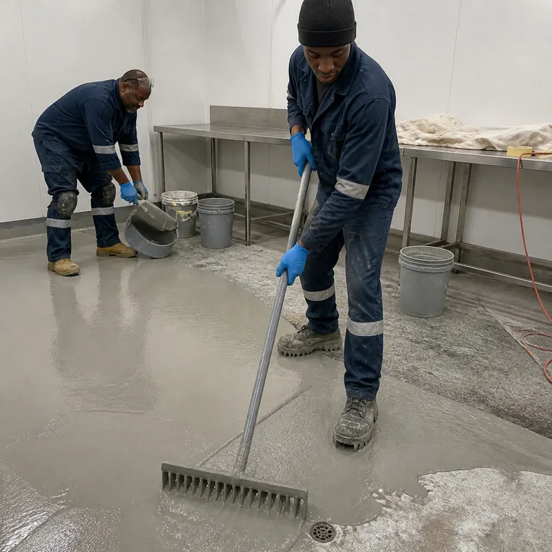 Installer spreading grey self-levelling epoxy screed in a food-production room