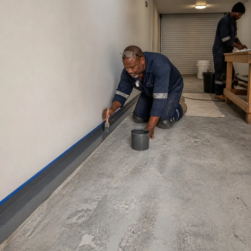 Installer kneeling to brush charcoal epoxy along a garage wall edge before the floor is rolled