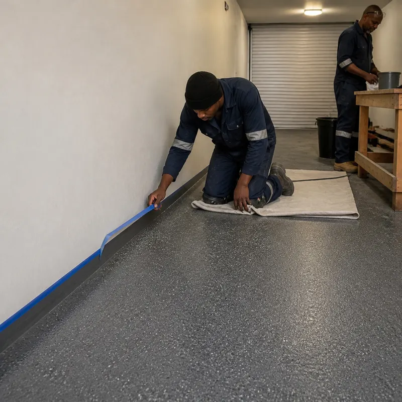 Installer pulling masking tape from a wall edge beside a new charcoal epoxy garage floor