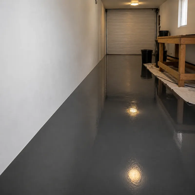 Finished charcoal-grey gloss epoxy floor in a single garage with a workbench