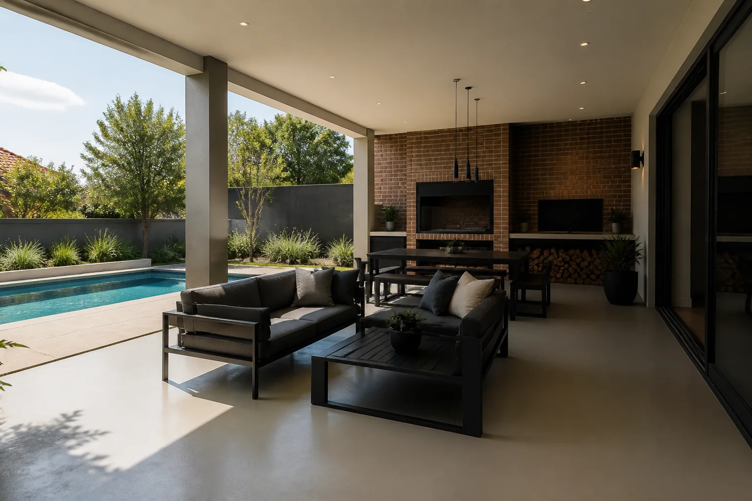 Covered entertainment patio with a smooth sand-coloured floor coating, black outdoor sofas, a brick braai and a swimming pool alongside