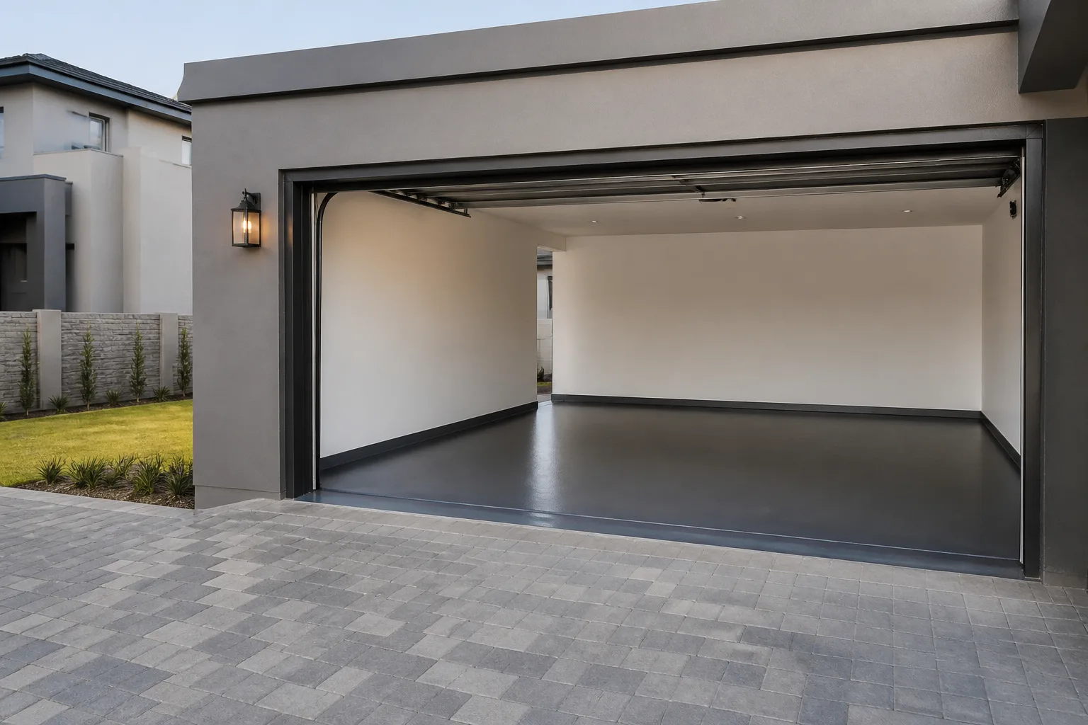 Wide garage of a modern new-build house with its door open, showing a dark charcoal solid-colour epoxy floor running up to a grey paved driveway
