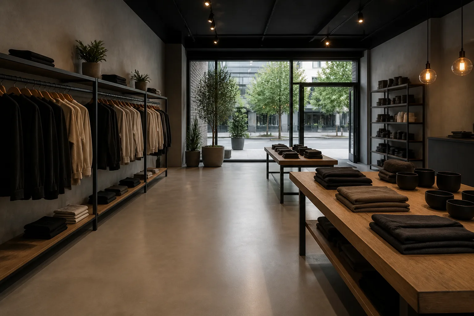 Warm-grey satin seamless floor in a small clothing boutique with garment rails, timber display tables and a shopfront window onto the street