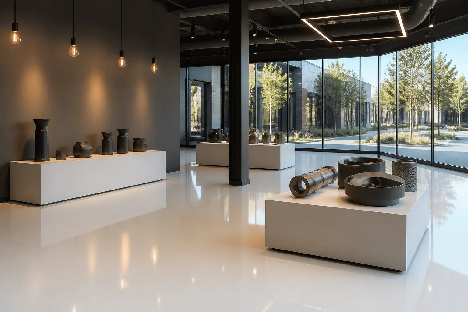White high-gloss seamless floor in a showroom with display plinths and a glass wall looking onto a landscaped office park