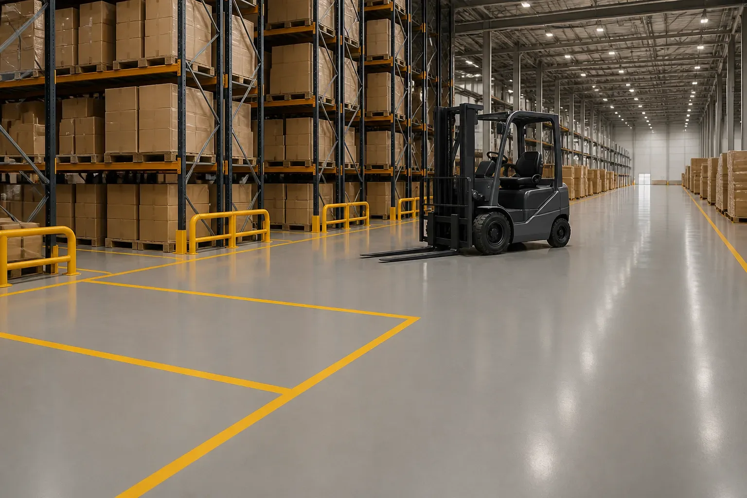 Light-grey gloss epoxy floor in a distribution warehouse, with yellow aisle and bay lines, yellow rack guards and a forklift beside pallet racking