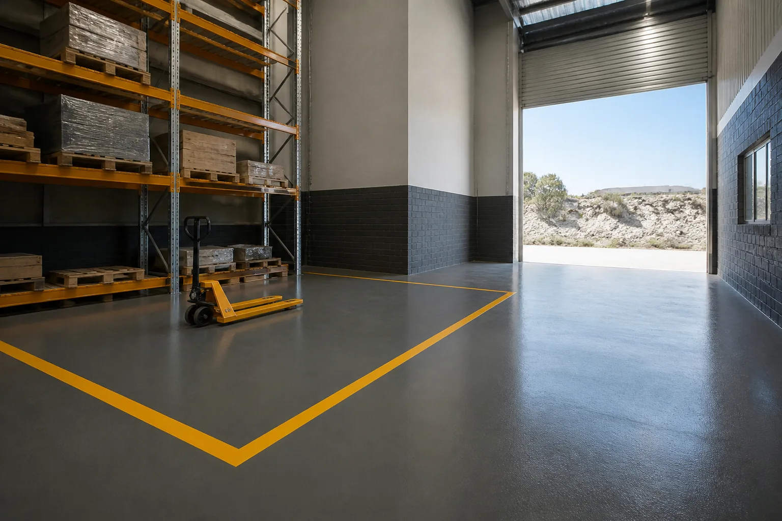 Dark grey epoxy floor in a light-industrial unit with a yellow-marked storage bay, pallet racking stacked with wrapped pallets, a yellow pallet jack and an open roller door