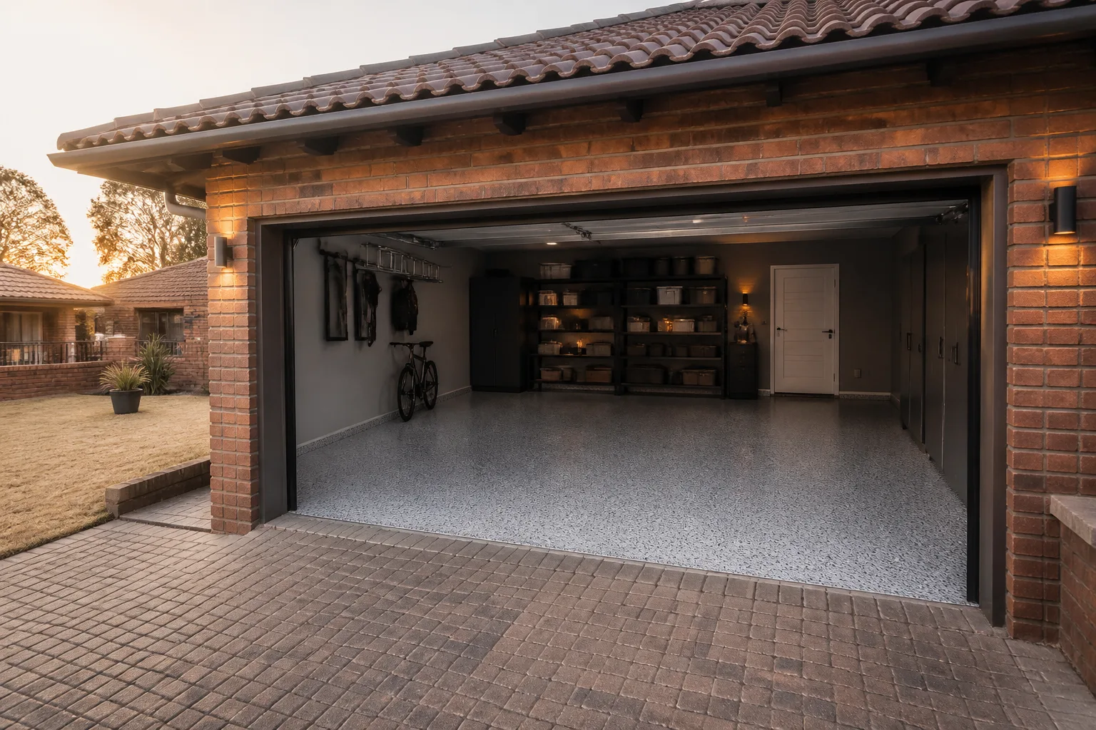 Open double garage in a face-brick house with a grey and white speckled flake epoxy floor, a bicycle and storage shelving, seen from a paved driveway at dusk