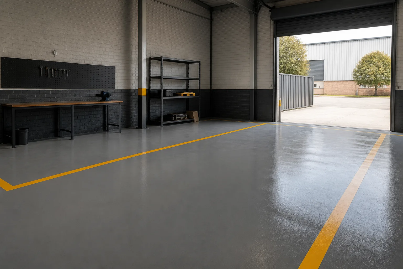 Mid-grey epoxy workshop floor with yellow safety lines, a wooden workbench under a tool board, steel shelving and a roller door open onto an industrial yard