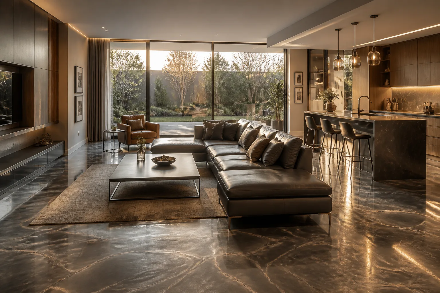 Dark bronze metallic epoxy floor with gold veining in an open-plan lounge and kitchen, with a leather sectional sofa, marble island and garden view