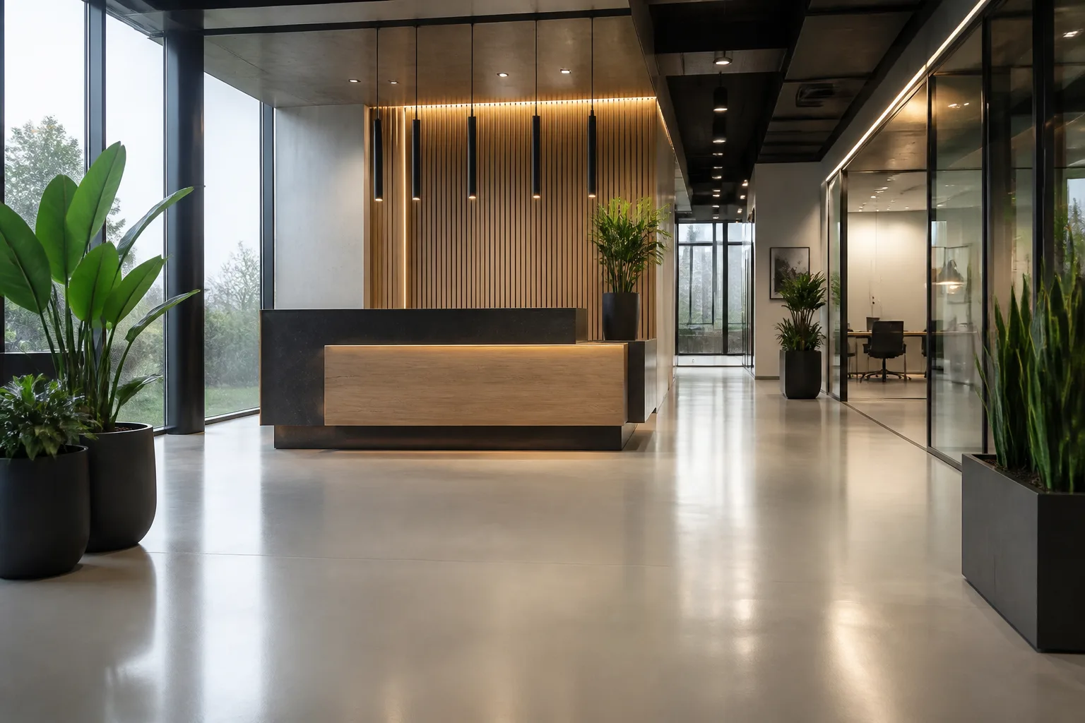 Seamless light-grey satin epoxy floor in a corporate office reception with a timber-slatted feature wall, glass-walled meeting rooms and potted plants