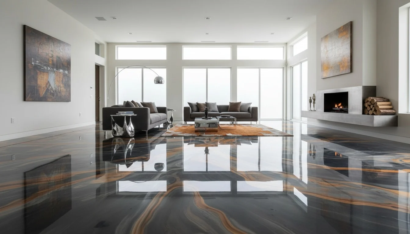Seamless glossy epoxy floor in a home interior